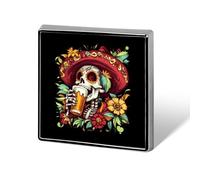 Broche carrée en métal imprimée avec un crâne de bière, motif Jour des Morts, pour décorer sacs à dos et vêtements.