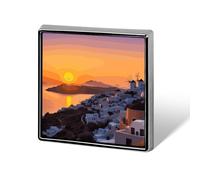 Broche carrée en métal, motif coucher de soleil sur une île grecque, pour sac à dos ou revers de veste
