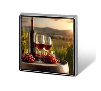 Broche carrée en métal représentant des bouteilles de vin rouge et des raisins, avec un coucher de soleil en Toscane. pour hommes et femmes, vêtements, sacs et chapeaux.