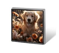 Broche carrée en métal représentant un golden retriever et des fleurs, accessoire pour costumes, sacs à dos et chapeaux.