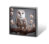 Broche carrée en métal représentant une petite chouette effraie blanche imprimée, idéale pour les sacs à dos ou les revers de