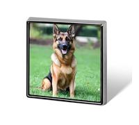 Broche carrée tendance Berger Allemand dans un jardin pour hommes et femmes - Badges en métal amusants pour veste, sac ou chapeau