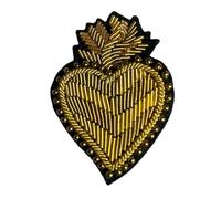 Broche Coeur Doré Ex-Voto Flamme, Brodée à la Main, Cannetille, 5,2 x 3,5 cm