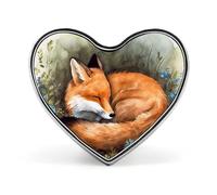 Broche cœur en métal avec renard endormi imprimé, idéale pour sacs à dos ou revers de veste. Broche Saint-Valentin.
