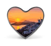 Broche cœur en métal, motif coucher de soleil sur une île grecque, pour sac à dos ou revers de veste. Broche Saint-Valentin.