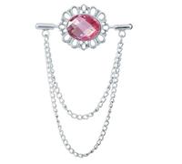 Broche de col ovale en strass for homme et femme, style vintage, avec chaîne à pompon boucle, for costume, chemise, vêtements(Silver Pink)