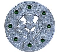Broche de kilt chardon écossais 7,6 cm - Finition argentée avec 8 pierres vertes - Épingle à kilt au design celtique traditionnel pour homme, tenue Highland pour femme, châles, écharpes et carreaux de