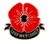 Broche de revers de coquelicot avec texte en anglais "Lest We Forget", avec design de coquelicot rouge, Plastique