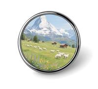 Broche décorative mignonne représentant les Alpes, les sommets enneigés et les prairies. Idéale pour décorer un sac à dos, une veste, une chemise ou un costume. Cette broche ronde est parfaite pour