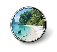 Broche décorative mignonne représentant un paysage tropical des îles Phi Phi, idéale pour décorer un sac à dos, une veste, une chemise ou un costume. Cette broche ronde est parfaite pour les hommes