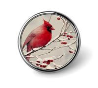 Broche décorative ronde en alliage d'aluminium, représentant un cardinal rouge, un arbre à baies d'hiver et un oiseau cardinal rouge sous la neige. Accessoire élé pour vestes, sacs à dos, chapeaux et