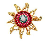 Broche décorative soleil ton or avec perle centrale rouge rose turquoise, 4.29" × 2.09", Cristal, Zircon cubique