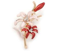 Broche double fleur en émail rose corail plaqué or - 62 mm L