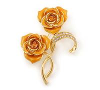 Broche double rose en émail jaune et cristal plaqué or - 65 mm de long