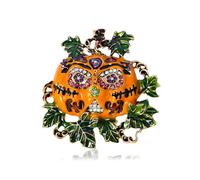 Broche effrayante en forme de citrouille en émail avec strass et feuilles vertes en cristal CZ plaqué or pour femme et homme