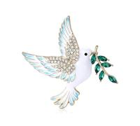 Broche en émail colombe de la paix, dorée, oxyde de zirconium, branche d'olivier, badge de corsage pour femme, élégant cristal feuilles et oiseau, accessoire pour robe de costume, Moyen, Métal Métal