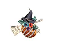 Broche en forme de chapeau de sorcière en forme de citrouille avec strass pour femmes et filles, ton or, en émail tendance, en cristal, fleur, feuille, balai, Halloween, accessoires de robe délicate