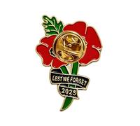 Broche en forme de coquelicot rouge 2025 avec inscription « Lest We Forget » en émail, Métal
