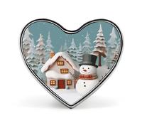 Broche en forme de cœur avec un adorable bonhomme de neige et un village, accessoire de mode unisexe pour chapeaux, sacs, vestes et manteaux. Idée cadeau pour la Saint-Valentin.