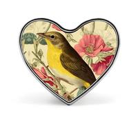 Broche en forme de cœur avec un bouton émaillé vintage représentant une fauvette à ventre jaune et des fleurs, un badge mignon et amusant pour sacs à dos et chapeaux (2,5 cm).