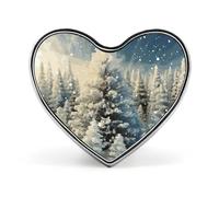 Broche en forme de cœur, motif sapin de Noël vintage ethnique tribal et plumes, inspirée d'un paysage enneigé. Accessoire idéal pour hommes et femmes. Broche légère en émail de 2,5 cm, parfaite pour s