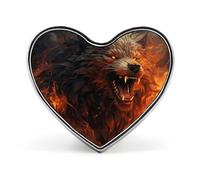 Broche en forme de cœur représentant un loup sauvage dans les flammes, des plantes tropicales et des perroquets. Accessoire de costume unisexe. Broche légère en émail de 2,5 cm (1 pouce) à accrocher à