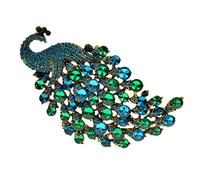 Broche en forme de paon strass Accessoire élégant pour Robe de mariage, Noël, anniversaire Cristal bleu et vert