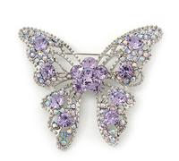 Broche en forme de papillon en plaqué rhodium avec améthyste et strass - Longueur : 6 cm