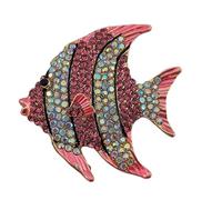 Broche en forme de poisson d'ange marin rose vif et irisé - Métal doré, émail et cristal AB