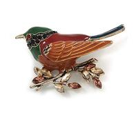 Broche en forme d'oiseau en émail marron/vert/rouge, rouge-gorge/bouvreuil, ton or vieilli - 55 mm de diamètre, taille unique, émail, diamante