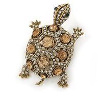 Broche en métal doré vieilli et forme de tortue avec cristaux autrichiens translucides/citrine Style vintage 55 mm L