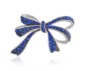 Broche Épingle Nœud Écharpe Ruban Cristal Scintillant Bleu Blanc De Mode Nuptiale Grande Déclaration Pour Femme Plaqué Or Rose Ou Argent