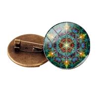 Broche étoile de David Fleur de Vie Fractale Mandala Broches Pin Verre Photo Pins Rond Bijoux Cadeaux Hommes Femmes, Bronze, verre