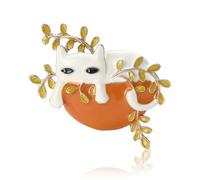 Broche fantaisie en émail motif chat paresseux | Motif feuille d'or et animal de compagnie de dessin animé | Cadeau pour les amoureux des chats | Écharpes, sacs et accessoires de revers (blanc), M,