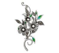Broche florale en argent sterling 925 oxydé et marcassite avec perles de culture d'eau douce et époxy vert 36,9 mm