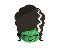 Broche Halloween Bride of Frankenstein visage vert pailleté et cheveux noirs à rayures blanches, Acrylique, Sans pierre.