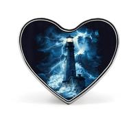 Broche humoristique en métal « Phare, Tonnerre et Tempête » (2,5 cm) en forme de cœur | Accessoires de mode originaux pour hommes et femmes (vêtements, chapeaux, sacs, cravates).