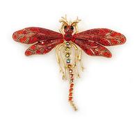 Broche Libellule de cristal Swarovski rouge/bordeaux/Pendentif en métal doré - 70 mm de diamètre