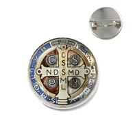 Broche médaillon de Saint Benoît I LOVE JESUS en verre Artisanat Pin catholique San Benito Bijoux Cadeau, Bronze, verre, métal