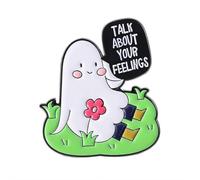 Broche mignonne avec inscription « Talk About Your Feelings » pour sacs à dos, cadeau amusant pour ami anxieux, collègue, broche fantôme émotionnel, accessoire de rappel doux, taille unique, Acier