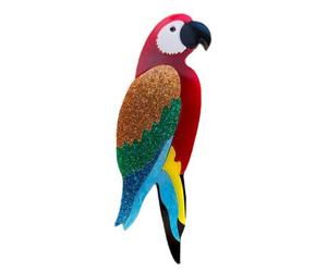 Broche perroquet en acrylique pailleté - Ara écarlate - Thème de la forêt - Thème tropical - 6,3 cm de haut - L - Acrylique - Sans pierre précieuse, L, Acrylique, Sans pierre précieuse