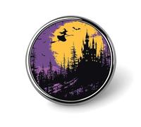 Broche pour homme et femme - Épinglette ronde en métal « Sorcière et balai » pour chemises, vestes et chapeaux