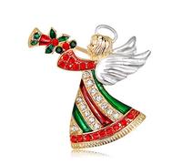 Broche rétro en forme d'ange de Noël avec corne soufflante Père Noël vert rouge pour les vacances Bijoux pour femme à porter au quotidien Sac à dos