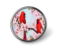 Broche ronde à deux cardinaux rouges sur une branche, fleurs d'amandiers, épingle à cravate unisexe lisse, badge léger, bijoux artisanaux, décoration pour costume, accessoire pour homme et femme
