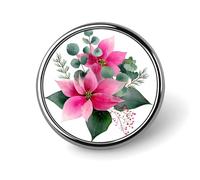 Broche ronde avec poinsettia rose et eucalyptus vert pour homme et femme