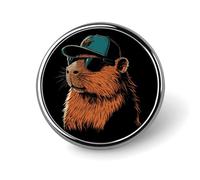 Broche ronde Capybara portant casquette de baseball et lunettes, insigne de revers, badge de cravate en métal, kit d'épingles commémoratives pour chapeau, chemise, vêtements, sacs, décoration