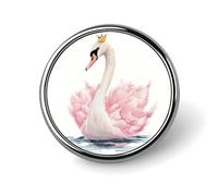 Broche ronde cygne rose à petite couronne dorée, accessoire de mode pour homme et femme, à porter au col, sur une robe, une veste ou un sac à dos.