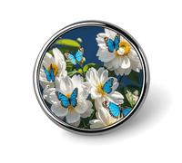 Broche ronde décorative pour vêtements, broche tendance, fleurs blanches, papillons bleus, épinglette décorative pour fête, cadeau de mariage pour femme/homme, Circular, Aluminium, Alliage d'aluminium