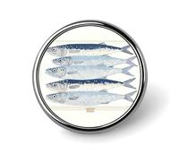 Broche ronde élégante représentant des sardines dans un magnifique bleu pastel, accessoire de mode pour hommes et femmes, à porter au col, sur une robe, une veste ou un sac à dos.