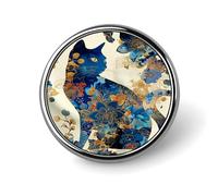 Broche ronde en alliage d'aluminium, ornée d'un chat bleu, de fleurs et d'un cardinal rouge, avec accents dorés. Accessoire décoratif pour vestes, sacs à dos, chapeaux et chemises. Accessoire élé en m
